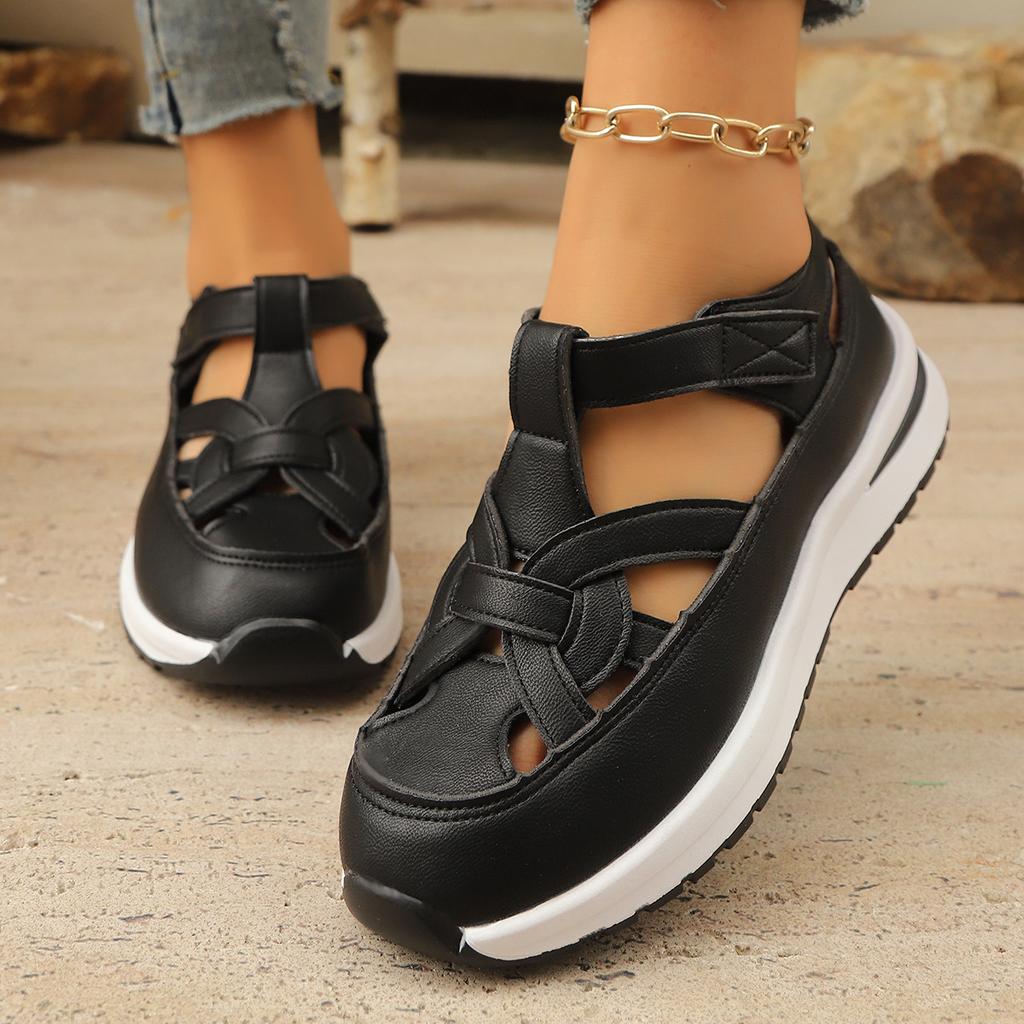 Letní nové sandály na klínku s taškou, duté prodyšné dámské boty pro zahraniční obchod, velká velikost, muffinová silná podrážka, na suchý zip