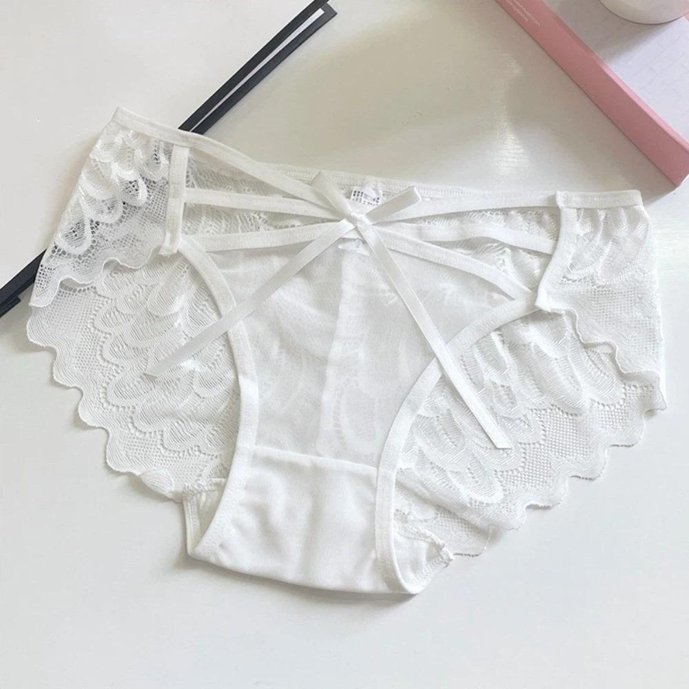Summer Low Waist Lace Panties Bow Cotton Crotch Mesh Flower Briefs Thin Strap Transparent Lace Thin Underwear Female