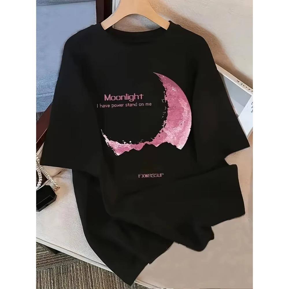 Women's Short-sleeved T-shirt with Pink Moon and _moonlight_ Prints Is Artistic and Fashionable Grapics Daily Wear Cool Top