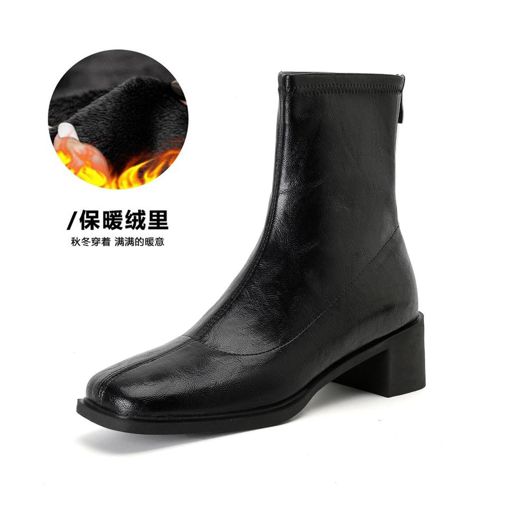 Weiwei Girl 6688-1 Stumme Sohle Elastische Skinny Stiefel Damen Herbst Dicke Ferse Kurze Stiefel Pendler Vintage Schwarze Stiefel
