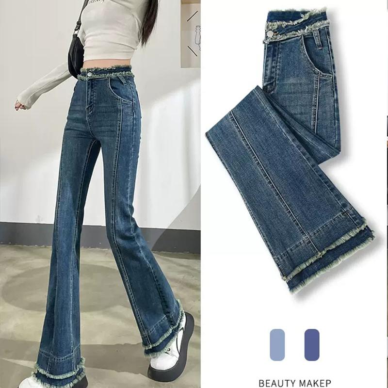Vår och höst damjeans med hög midja Elastiska smala tunna jeansjeans med breda ben och mikroflare byxor