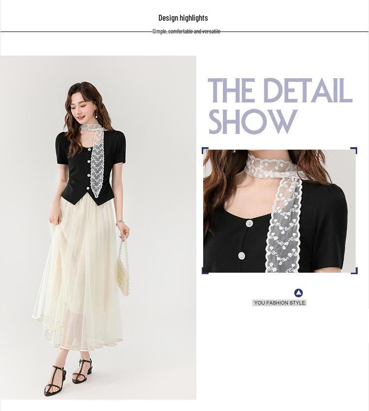 Elegant Knitted Short Sleeve Top & Mesh Skirt Set with Lace Scarf - Summer 2025