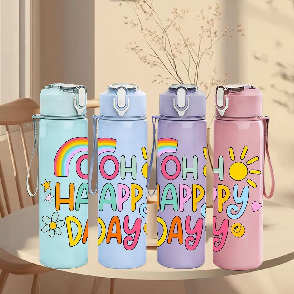 1PC Oh Happy Day Rainbow Sun Cute Art Print 750ml Color Plastic Sports Water Bottle Leakproof Flip Straw Lid Suitable for Sports Office Home Use