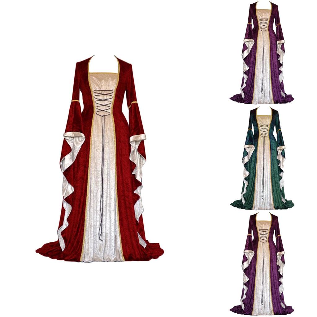 Exquisites Langarm-Bodenlanges Renaissance-Kleid mit Banddekoration für Cosplay
