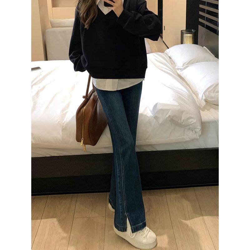 Dark Blue Slit-Flare Jeans for Women, New Spring Style for Plus-Size Girls, Pear-Shaped Body, High-Waisted, Slimming Flared Pants
