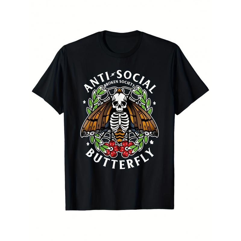 Antisocial Broken Society Butterfly Pattern T-Shirt - 100% Regular Fit Short Sleeve T-Shirt, Skull and Floral Design, Unisex Casual Crew Neck Top,
