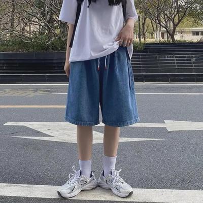 Men's Summer Elastic Waist Denim Shorts - Trendy Loose-Fit Hong Kong Style for Couples, Large Size Available