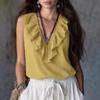 Womens Blue Sleeveless V Neck Blouse With Ruffle Trim Casual Loose Fit Summer Top