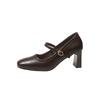 Soft Leather Block Heel Single Shoes Retro New Simple French Square Toe Shallow Mouth Strap Heels