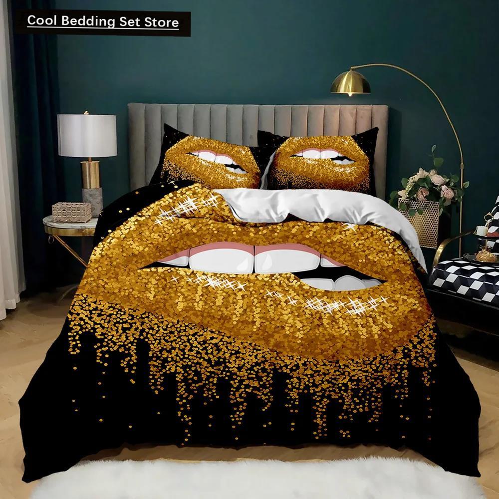 Juego de Funda Nórdica para Labios Juego de Cama de Labios Dorados Sexy Pareja Adulta Individual Doble Queen King Size Cubierta de Edredón de Poliéster con Marcas de Besos 3D