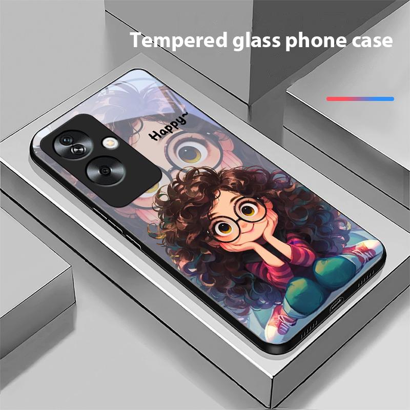 Mädchen mit lockigen Haaren Für Oppo A79 5G 58 78 74 60 4G Reno 11F Realme GT 6 11 Note 50 10 C55 X2 Gehärtetes Glas Schwarze Handyhülle