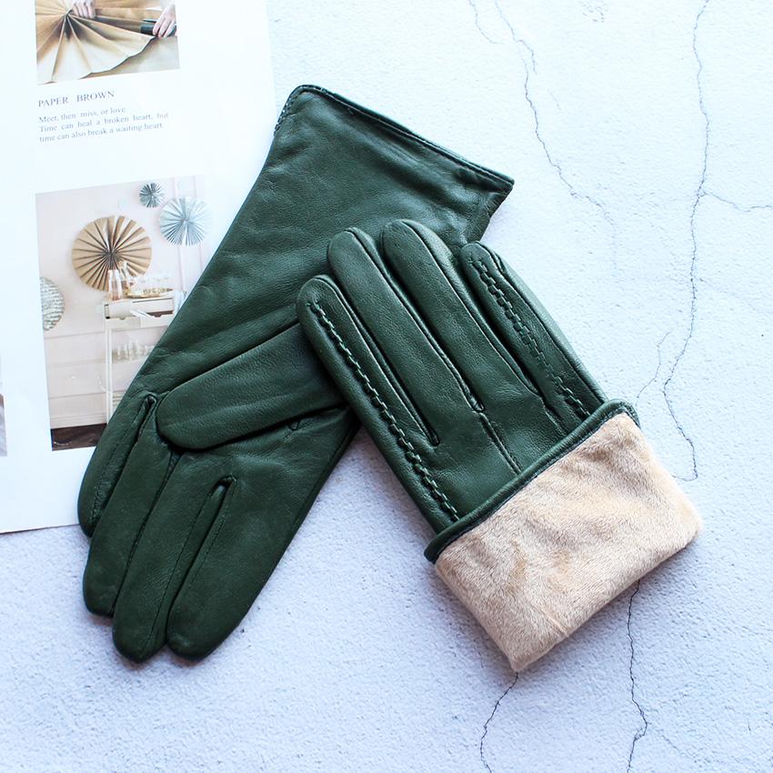 Vinter Varm Farge Lærhansker Dame Saueskinn Fløyelsfôr Mote Stripete Stil Vindtette Kjørehansker