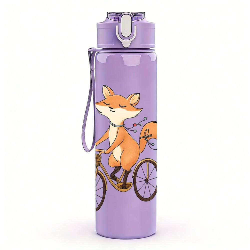 1PC Fox Riding Bicycle Art 750ml Color Plastic Sports Water Bottle Leakproof Flip Straw Lid Suitable for Sports Office Home Use