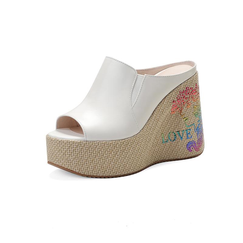 Factory direct sales 12cm embroidered wedge heel cool slippers women's 2025 summer new leather super high heel fish mouth slippers women
