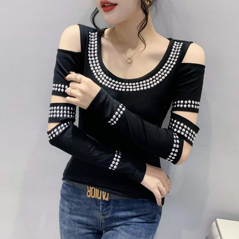 

Сексуальная футболка с открытыми плечами и длинными рукавами для женщин, тяжелая промышленность, топ Liudai, тонкая и полая основа M чёрный