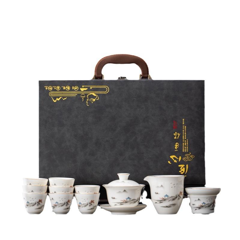 Company event business gifts, printed mutton fat jade porcelain Kung Fu tea set set, home gift gift
