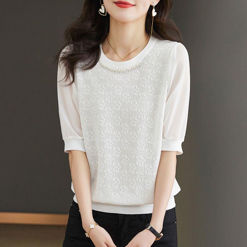 

Футболка с короткими рукавами из шифона Ice Silk для женщин, летняя футболка с лоскутным верхом из тонкой трикотажной ткани 2XL