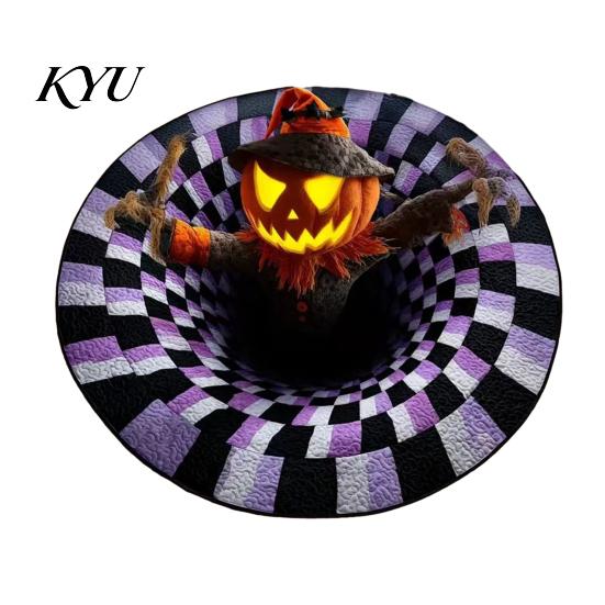 Sezónní sváteční dekorace 3D kulatý Halloween koberec, Strašidelný kostlivec Optická iluze Plošný koberec, Jedinečné vizuální rohože Prošívaný strašidelný hloubka Neklouzavý koberec