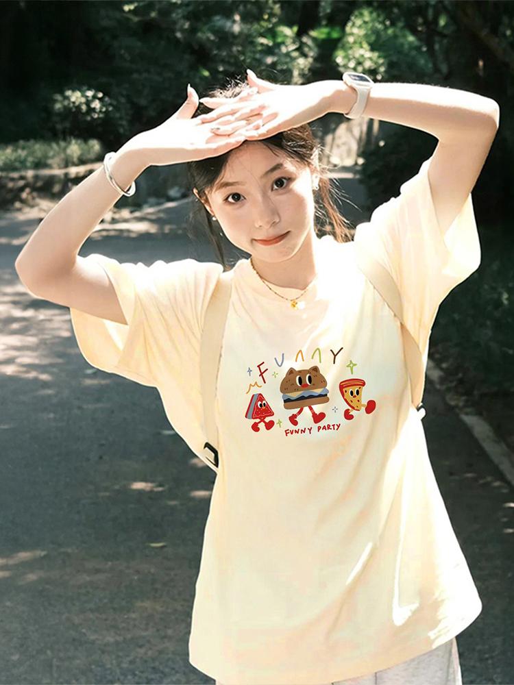 Cartoon Cute Print Tshirt Women Summer 2025 New Short Sleeves Cartoon Style Tee Casual Y2k Top Women Summer Clothing