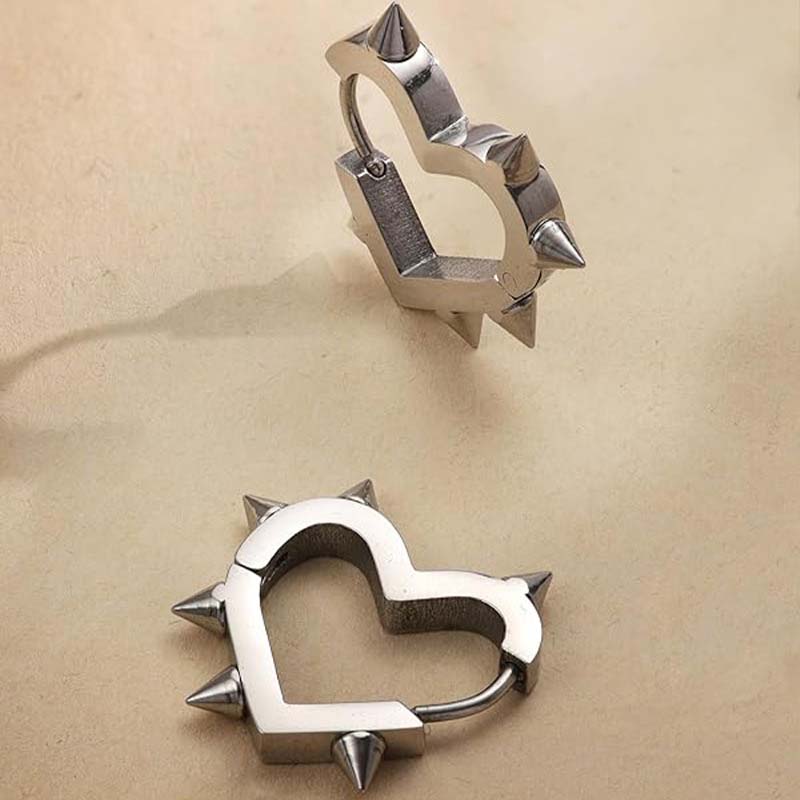 Stainless Steel Silver Color Spike Rivet Heart Hoop Earrings For Women Men Punk Metal Geometric Piercing Ear Buckle Jewelry