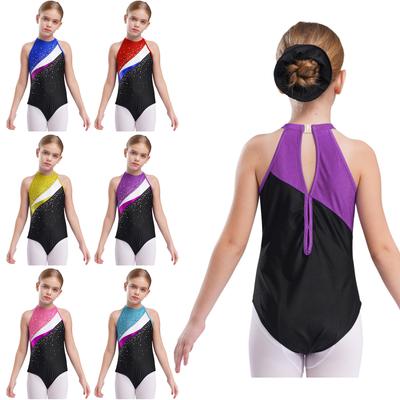 Girls Performance Leotard Sleeveless Round Neck Hollow Back Style Shiny Rhinestone Dance Practice Wear