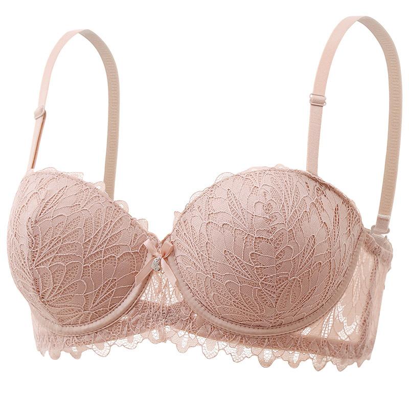 Women's Sexy French Lace Half-cup Bra Thin Top Removable Shoulder Strap Underwire Push-up Bra