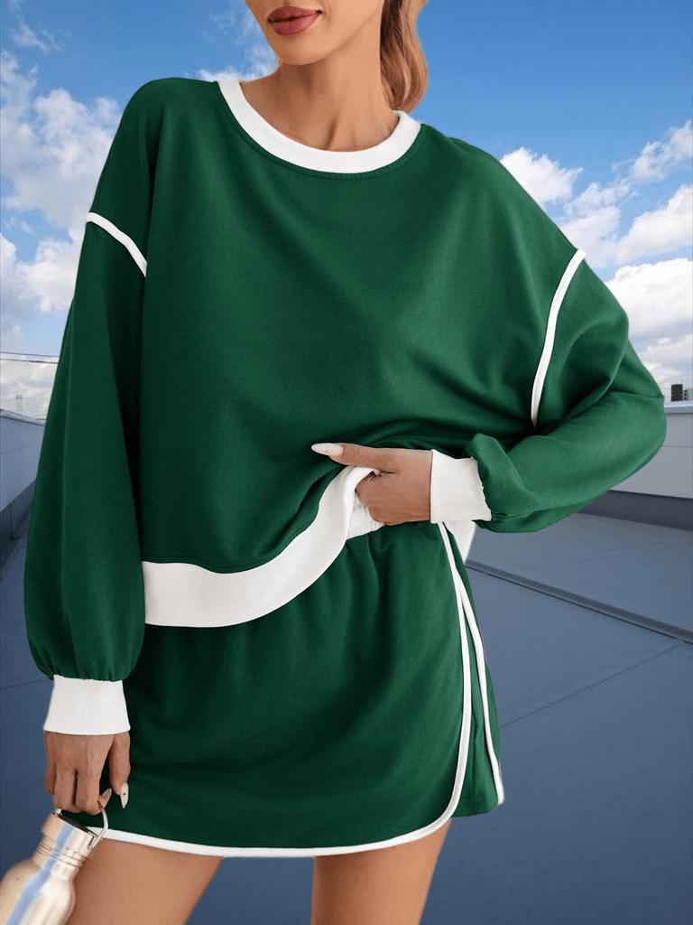 Women's Two Piece Oversized Crop Sweatshirt and High Waist Skirt Set Tennis Running Sport Outfit