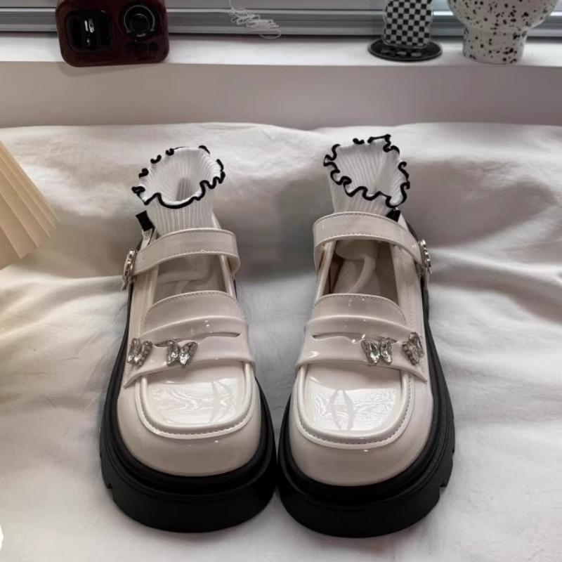 

Girls Fashionable Leather Shoes with Rhinestone Butterfly Mary Jane Shoes for Performance Princess Shoes for Students Casual Shoes 37 бежевый