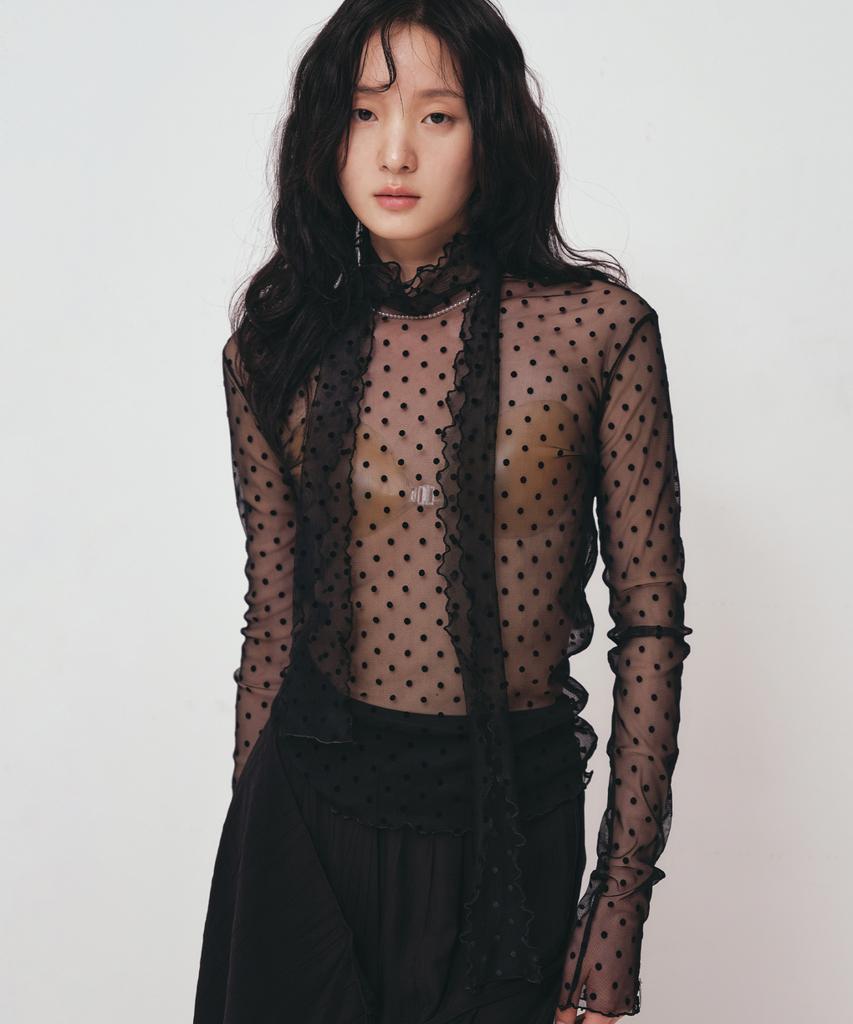 Nigaennikol Dot Mesh Scarf Top_Black