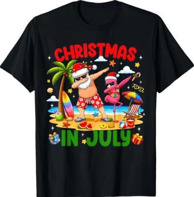 Christmas In July Santa Flamingo Dabbing Summer Vacation T-Shirt