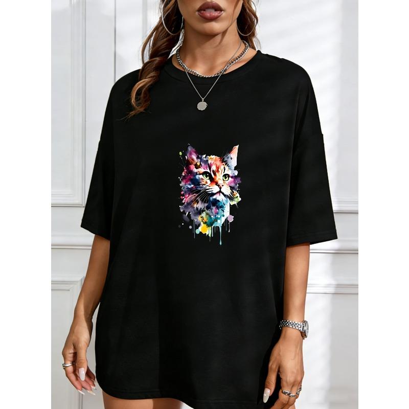 

Cotton T Shirt White Cat Watercolor Print For Casual Wear XXXXL чорний