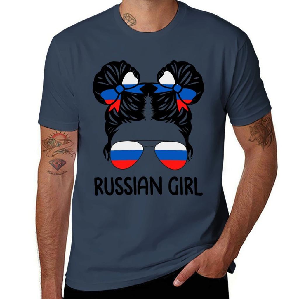 Russian Girl Messy Hair Sunglasses Russia Pride Tshirt Plus Size All Match Tee Shirt