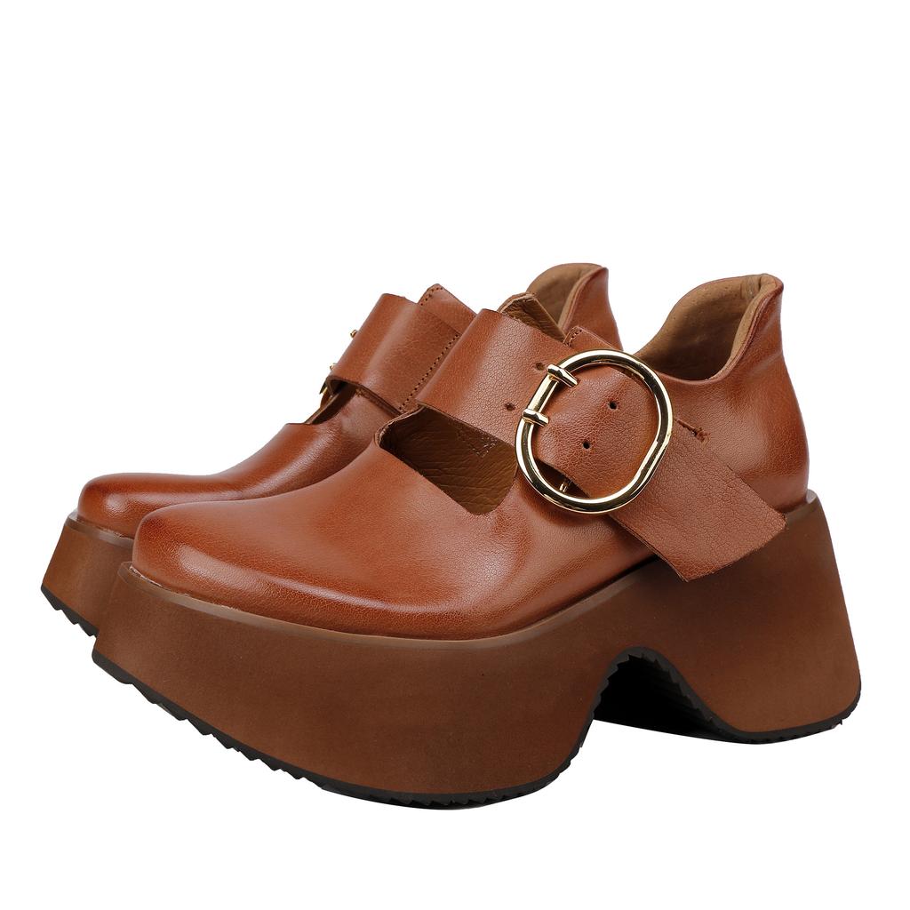 Johnature Genuine Leather Thick Soled Shoes Retro Versatile Buckle Strap Thick High Heels Women's Shoes