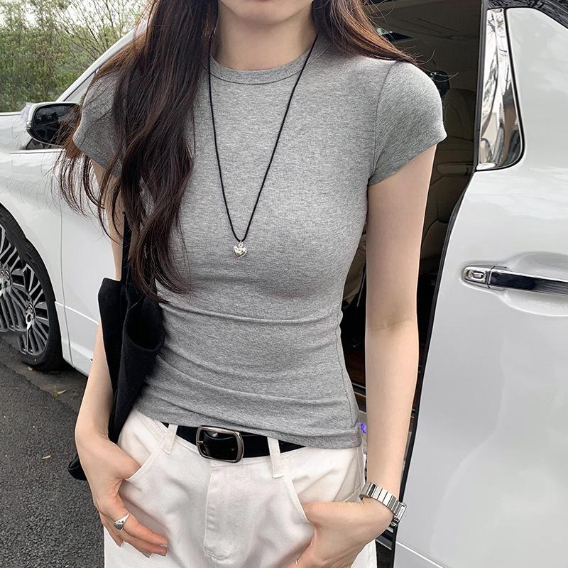 Basic Solid Crop Top Kurzarm Rundhals Skinny T-Shirt Sommer Casual Tee für Damen y2k Vintage Top Harajuku Streetwear