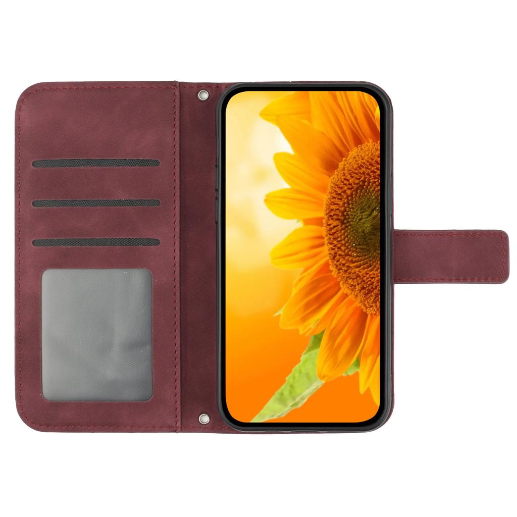 HT04 For iPhone 16 Case Sunflower Imprint Leather Wallet Phone Cover with Hand Strap