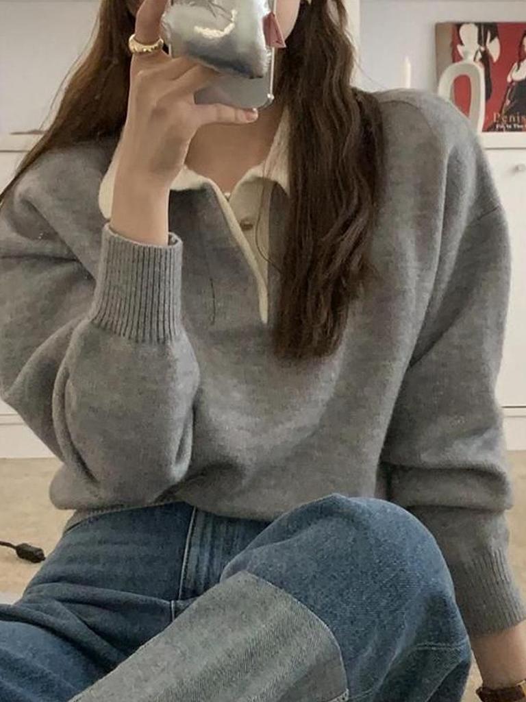 Women's Blue Cross-Color Knit Sweater - Autumn/Winter Korean Style Long Sleeve Short Top