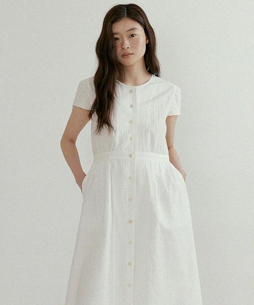 Lingseoul Button Shirring Dress-Ivory