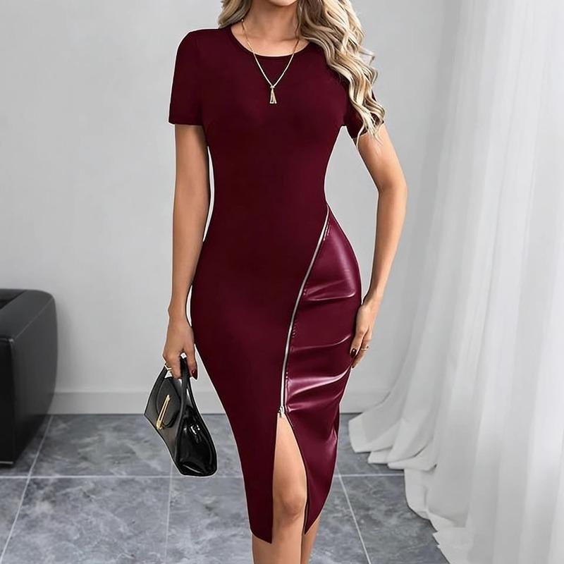 QICED Fashion Summer Spring Solid Color Print O-Neck Short Sleeve Casual Dresses
