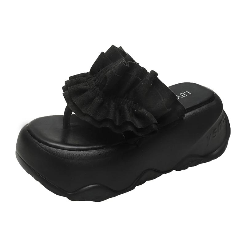 Fashion 8CM Women's High Heels Slippers 2025 New Summer Outdoor Fold Flower Sandals Comfortable Rubber Bottom Chunky Beach Flip Flops