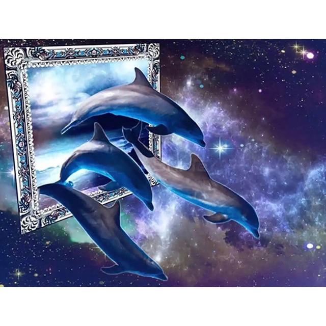 Animal Dolphins with Fish 5D Diy Diamond Painting Full Round Drill Mosaic Diamond Embroidery Rhinestones Home Decoration