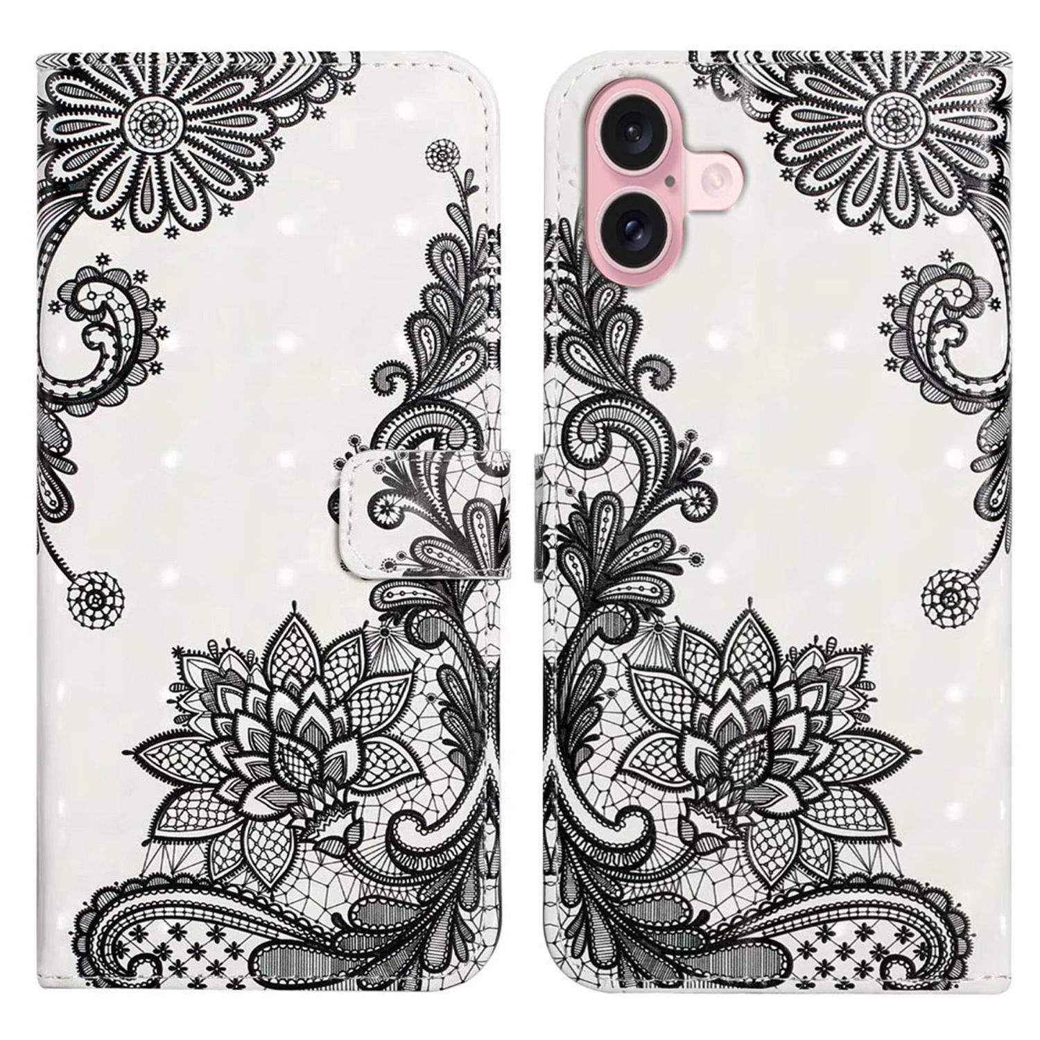 

For iPhone 17 Case 3D Creative Pattern PU Leather Stand Phone Cover Lace Flower