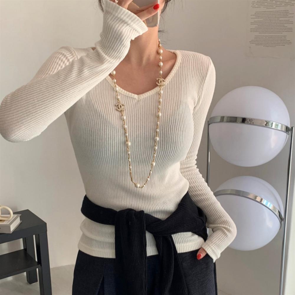 New ArriVals Open Run Women Sheer Ribbed V Neck Long sleeVe Slim FiT T shirT