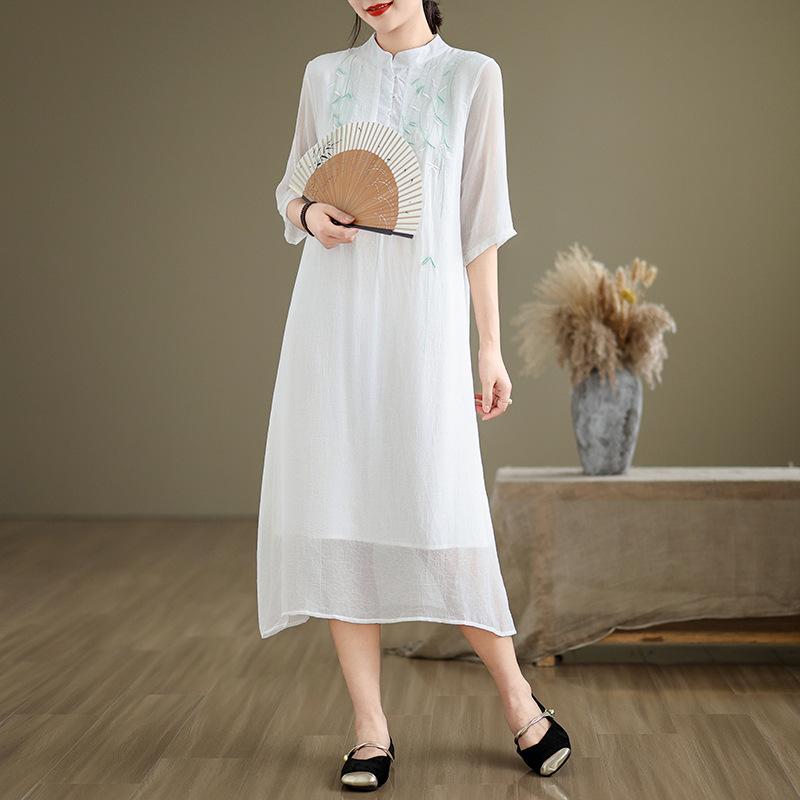 2025 Summer New Embroidered Stand-up Collar Chinese Tea Clothes Retro Double-layer Loose Printing Dress