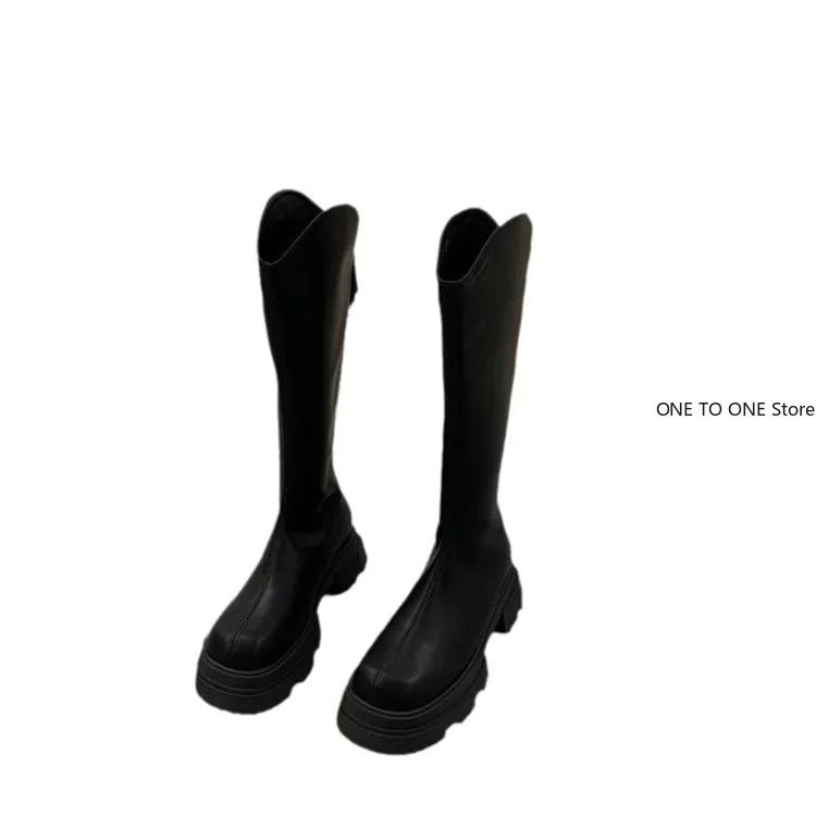 Mode 2025 Damen Stiefel mit hohem Absatz und langem Schaft Herbst/Winter Neuer Stil Dicke Sohle Grober Schaft V-Ausschnitt Reiterstiefel Schlankmachend Braun