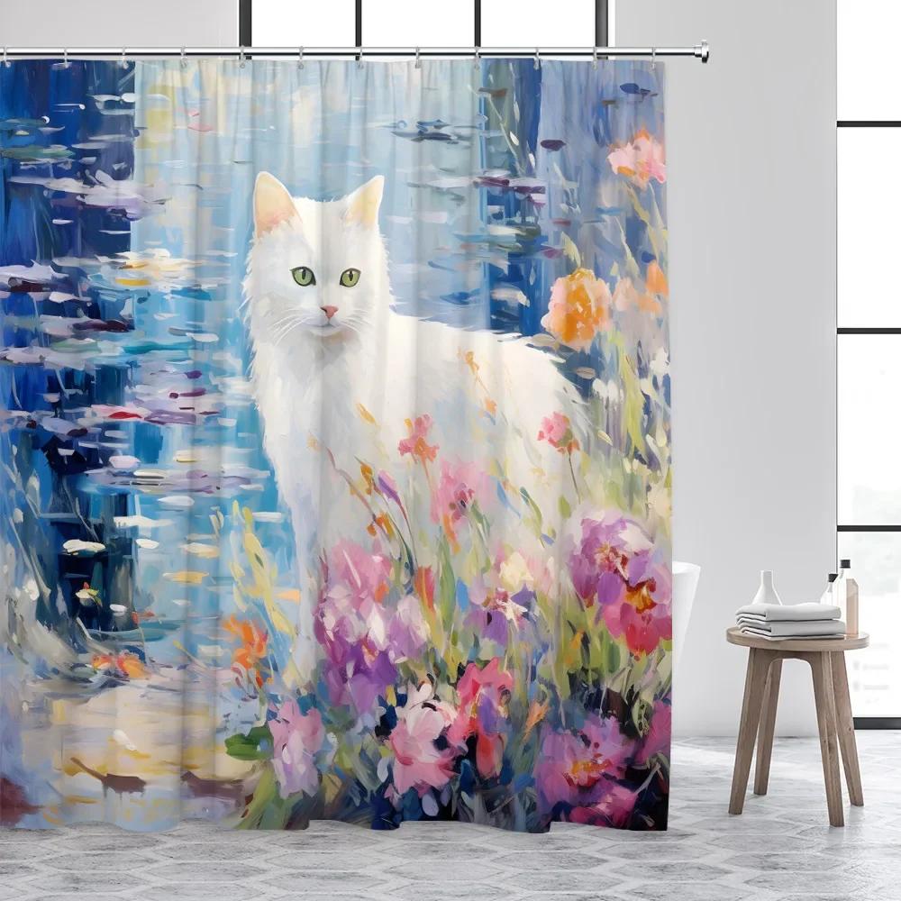 Cute Cats Shower Curtains Vintage Art Floral Plant Pet Garden Scenery Polyester Fabric Bathroom Curtain Decorative With Hooks