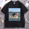 Katze beißt Hai Humorvolles Verspieltes Lustiges Katzen- und Hai-T-Shirt Unisex Damen Sommer Kurzarm Rundhals-T-Shirt Streetwear Oberteile