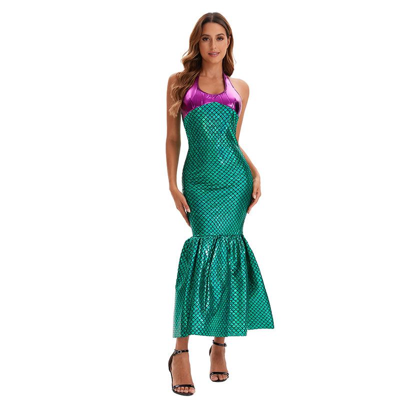 Costume di Halloween, vestito da principessa sirena per adulti, vestito da sera cosplay sexy con paillettes e fascia sul petto