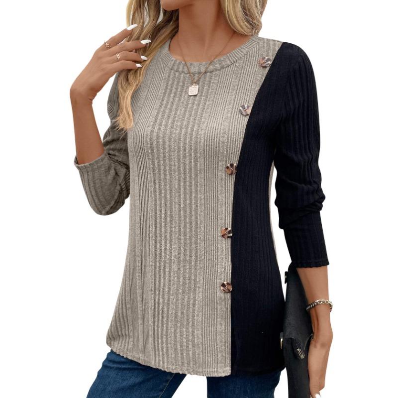 Spring and Autumn Women's Knit Top Colorblocking Button Split Casual Long Sleeve Top Blouse