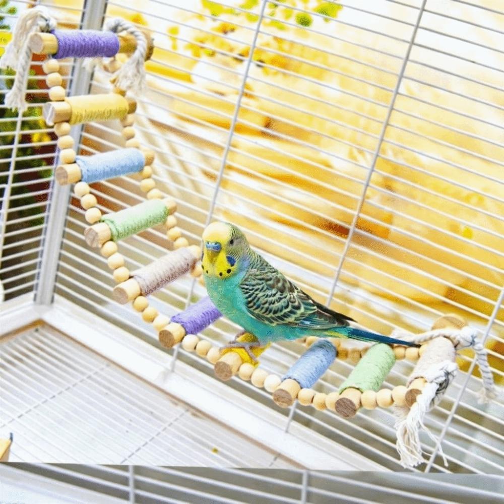 5/8/10 Steps Bird Cotton Rope Ladder Hanging Wood Bird Perch Safe Parrot Climbing Toy Cockatiels