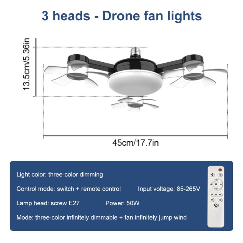 

E26/E27 Светильники-вентиляторы в форме дрона с пультом дистанционного управления Современные потолочные светильники-вентиляторы 3 скорости ветра Вставной светильник-вентилятор для гостиной